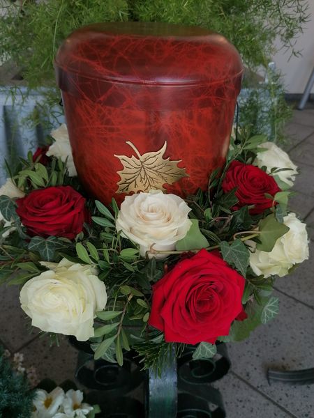Rote und weiße Rosen mit grün